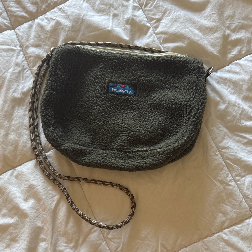 Kavu Olive Sherpa Crossbody with Plaid Strap